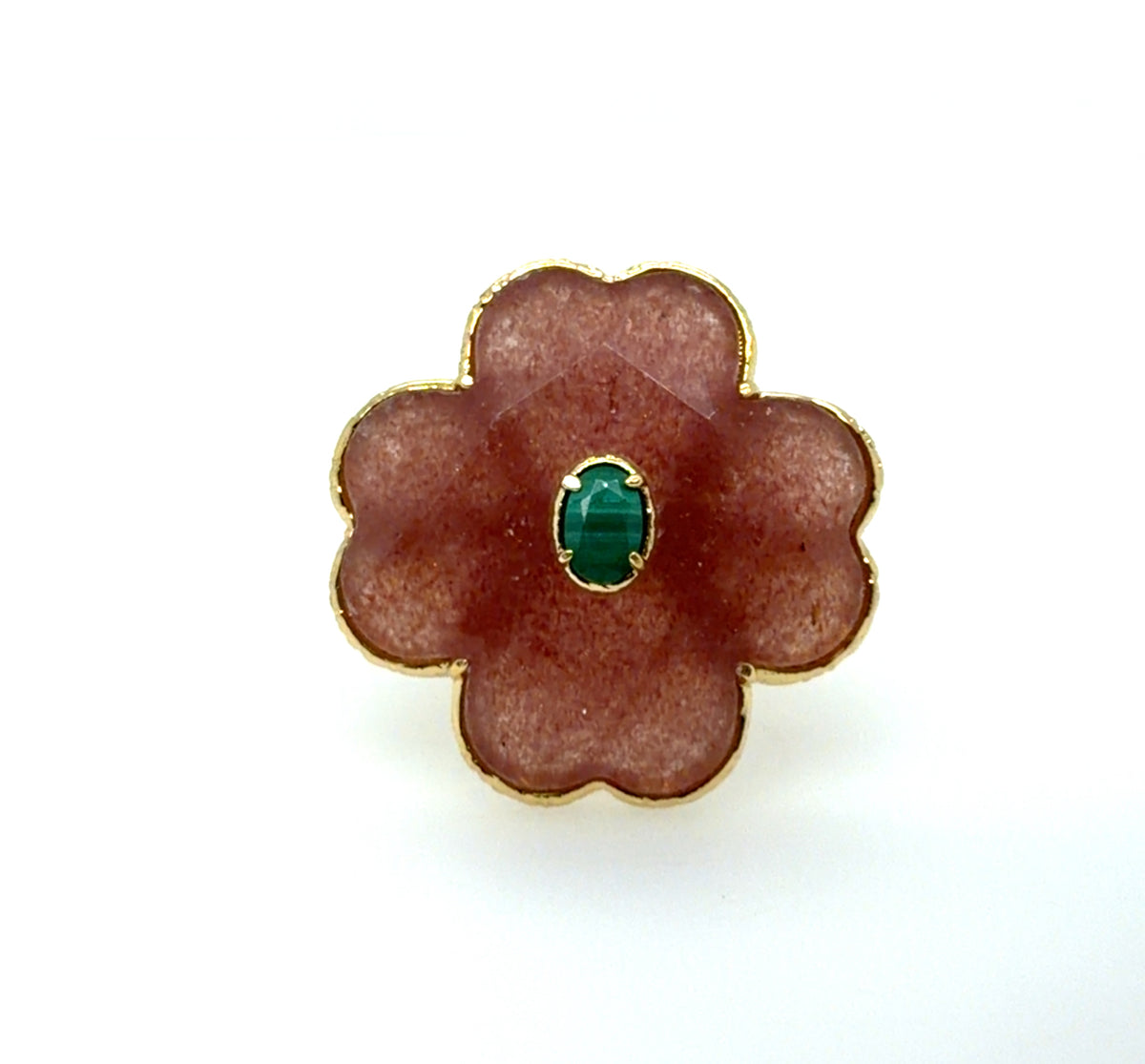 Gorgeous statement ring with a Peach Moonstone Clover and Malachite oval centre