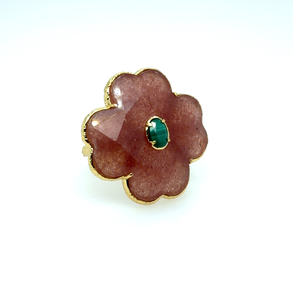 Gorgeous statement ring with a Peach Moonstone Clover and Malachite oval centre which is adjustable