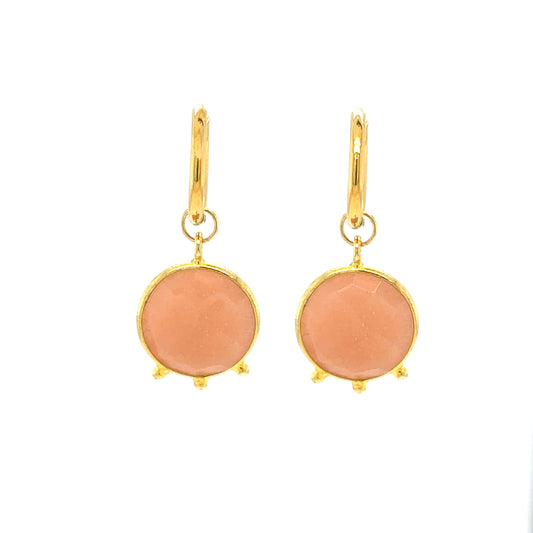 gold hoop earrings with gorgeous Orange Moonstone semi-precious gemstone round charms
