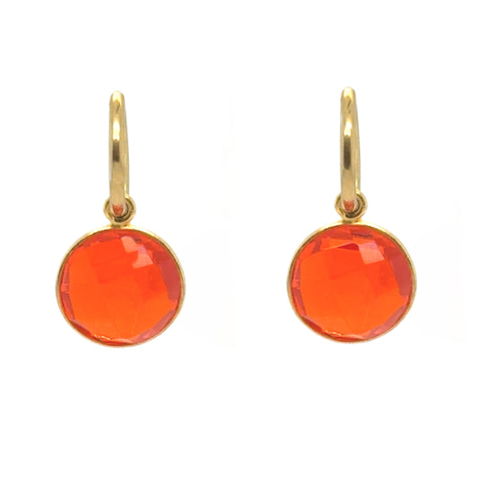 Gold hoop earrings with gorgeous orange quartz gemstone round charms