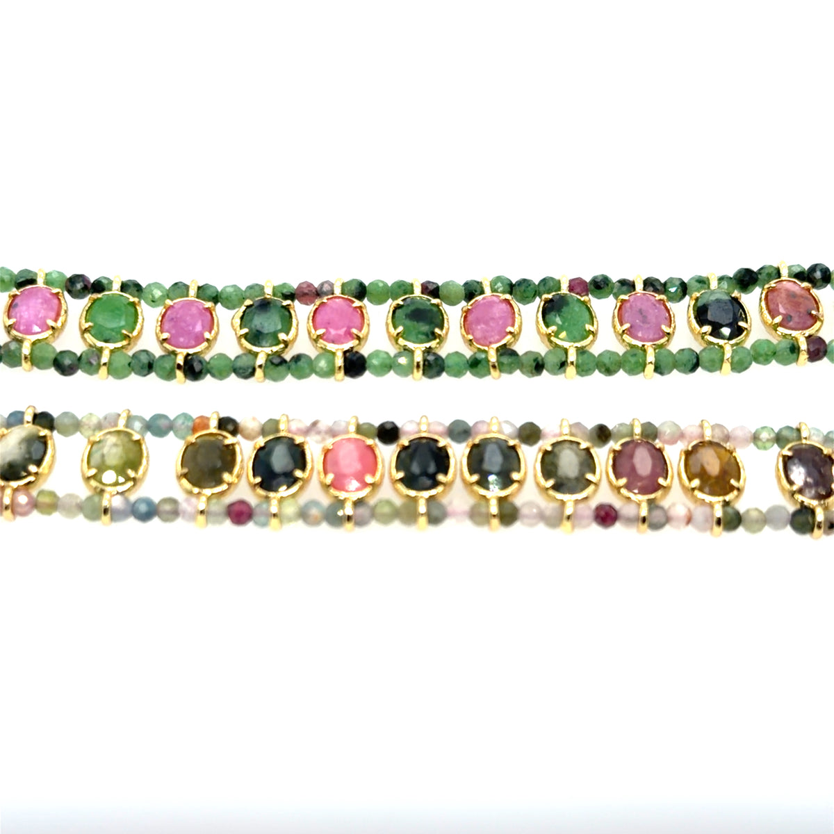 Two gold beaded bracelets with colorful round gemstones, displayed horizontally on a plain white background.