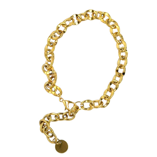 Flat symetric oval chain style gold bracelet with extension chain