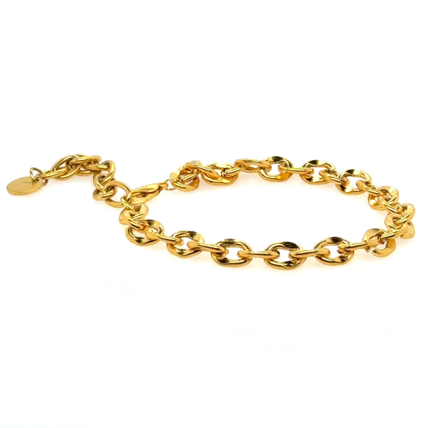 Gold chain bracelet with fat oval links on a white background