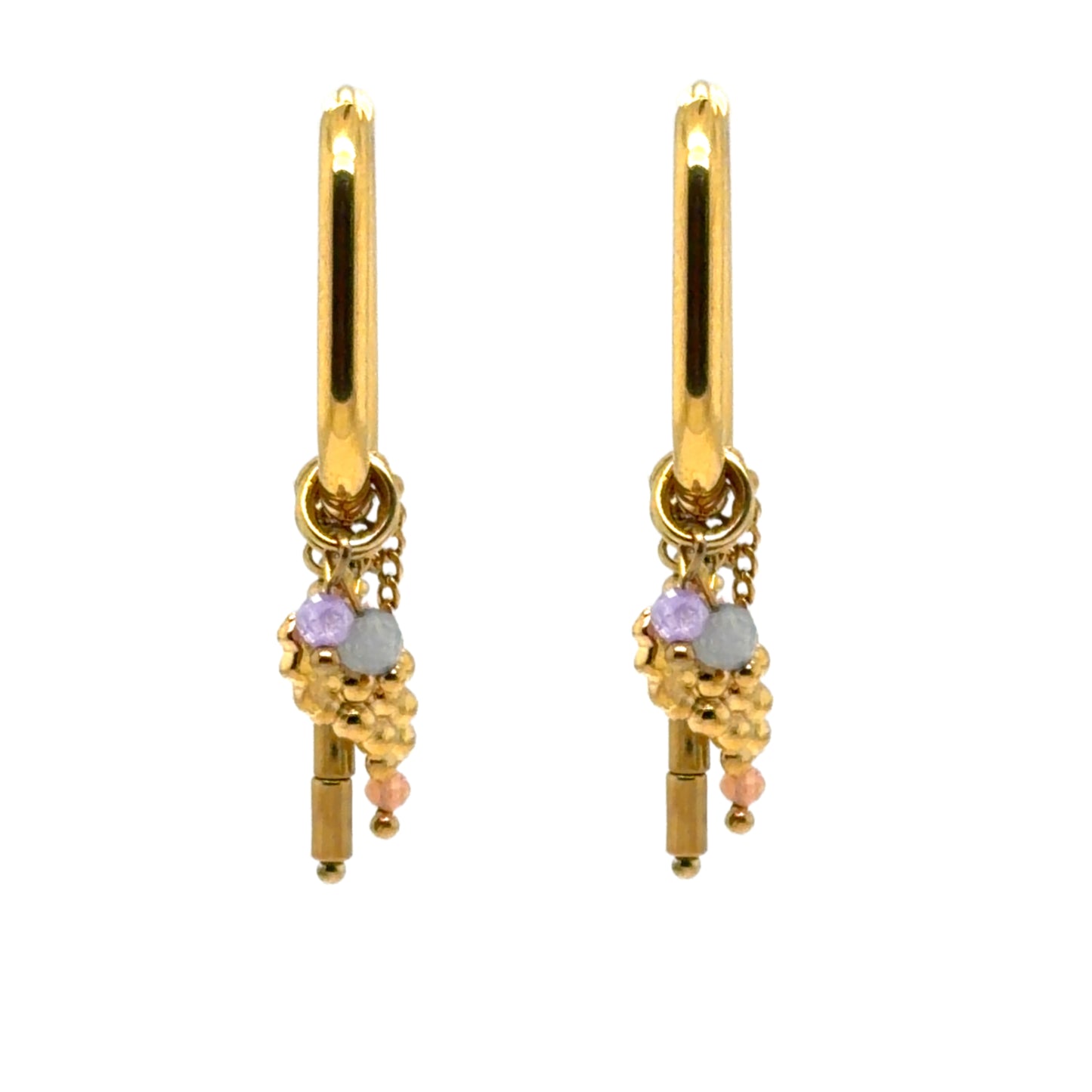 Oval gold hoop earrings with multiple gold and colourful bead charms