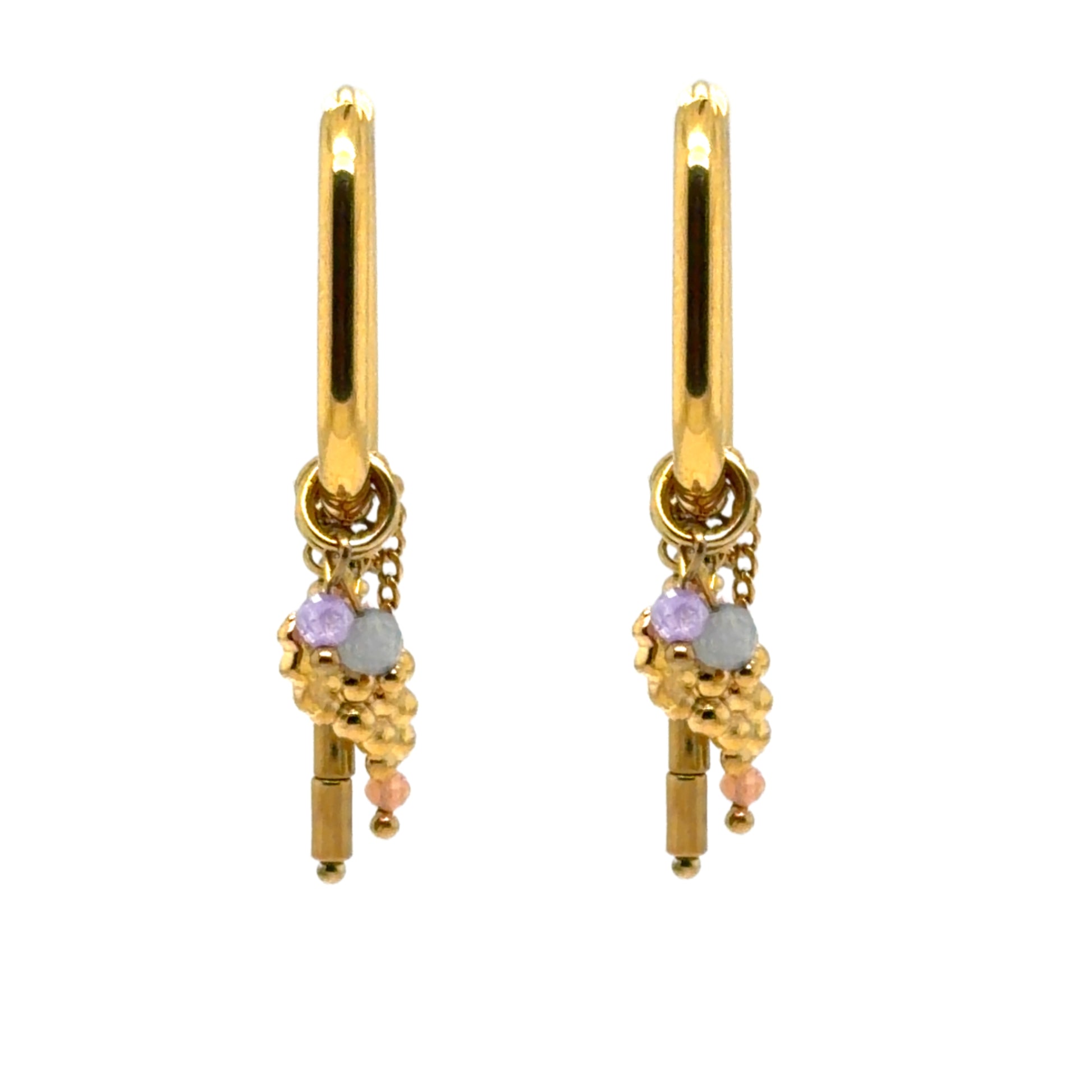 Oval gold hoop earrings with multiple gold and colourful bead charms
