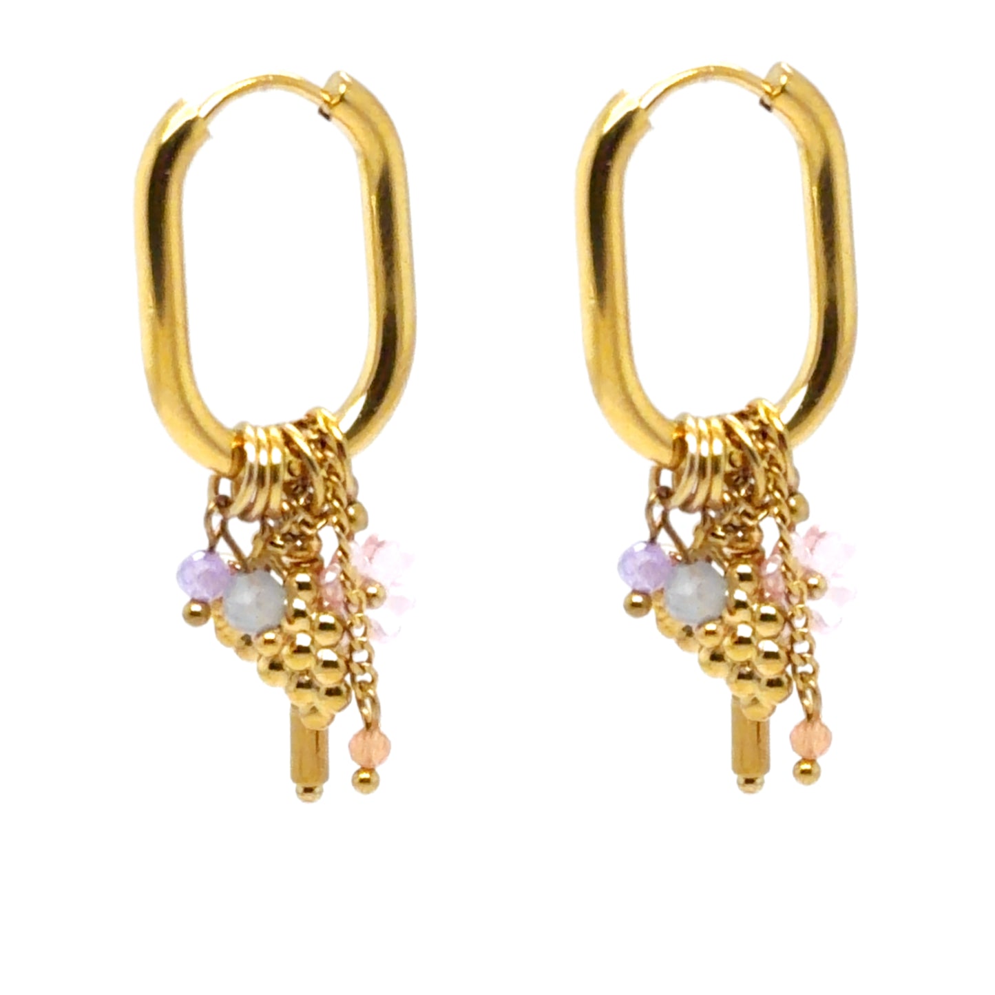 Oval gold hoops with gold and colourful charms