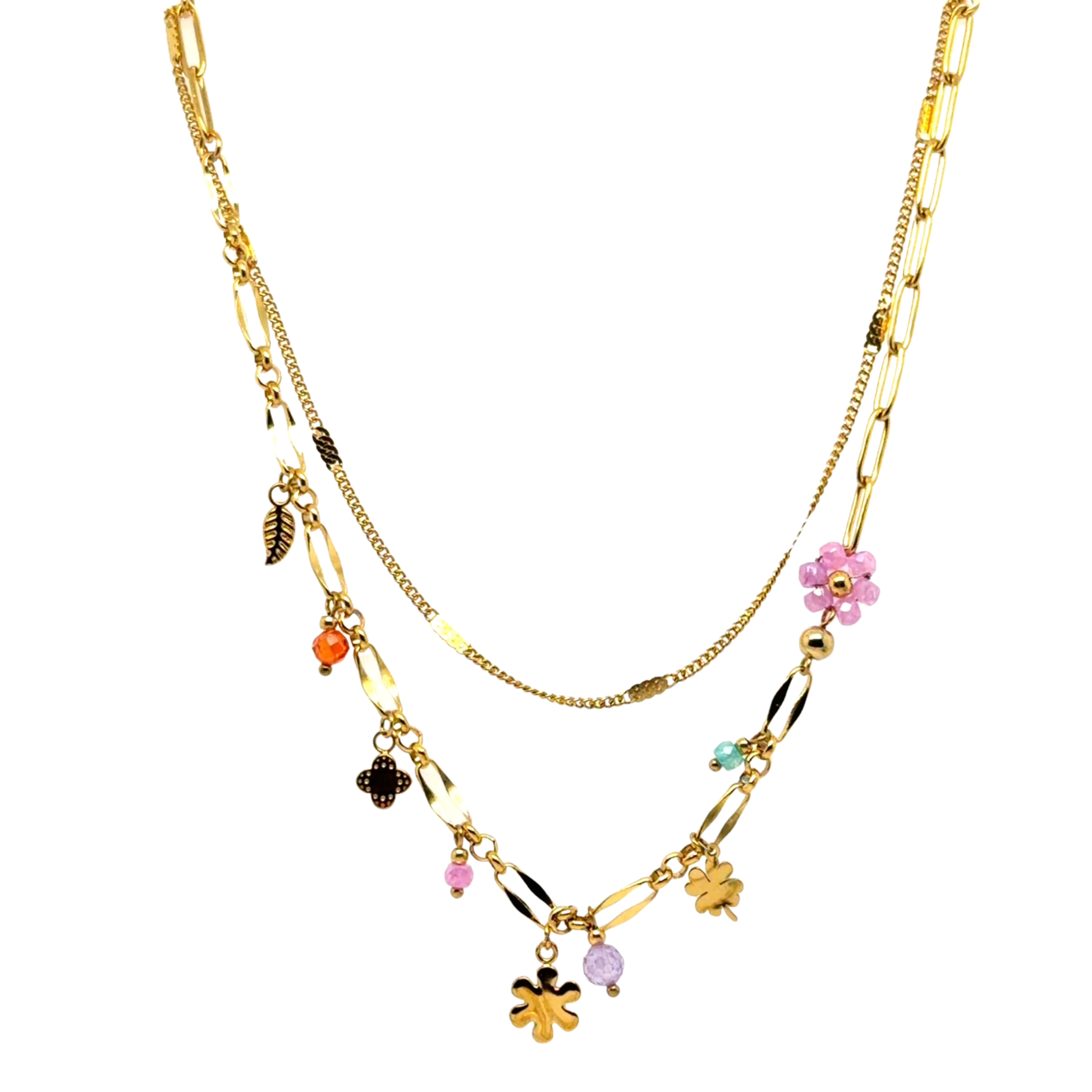 Two chain gold necklace with paperclip strand which has flower and colourful bead charms, and second plain gold chain strand.