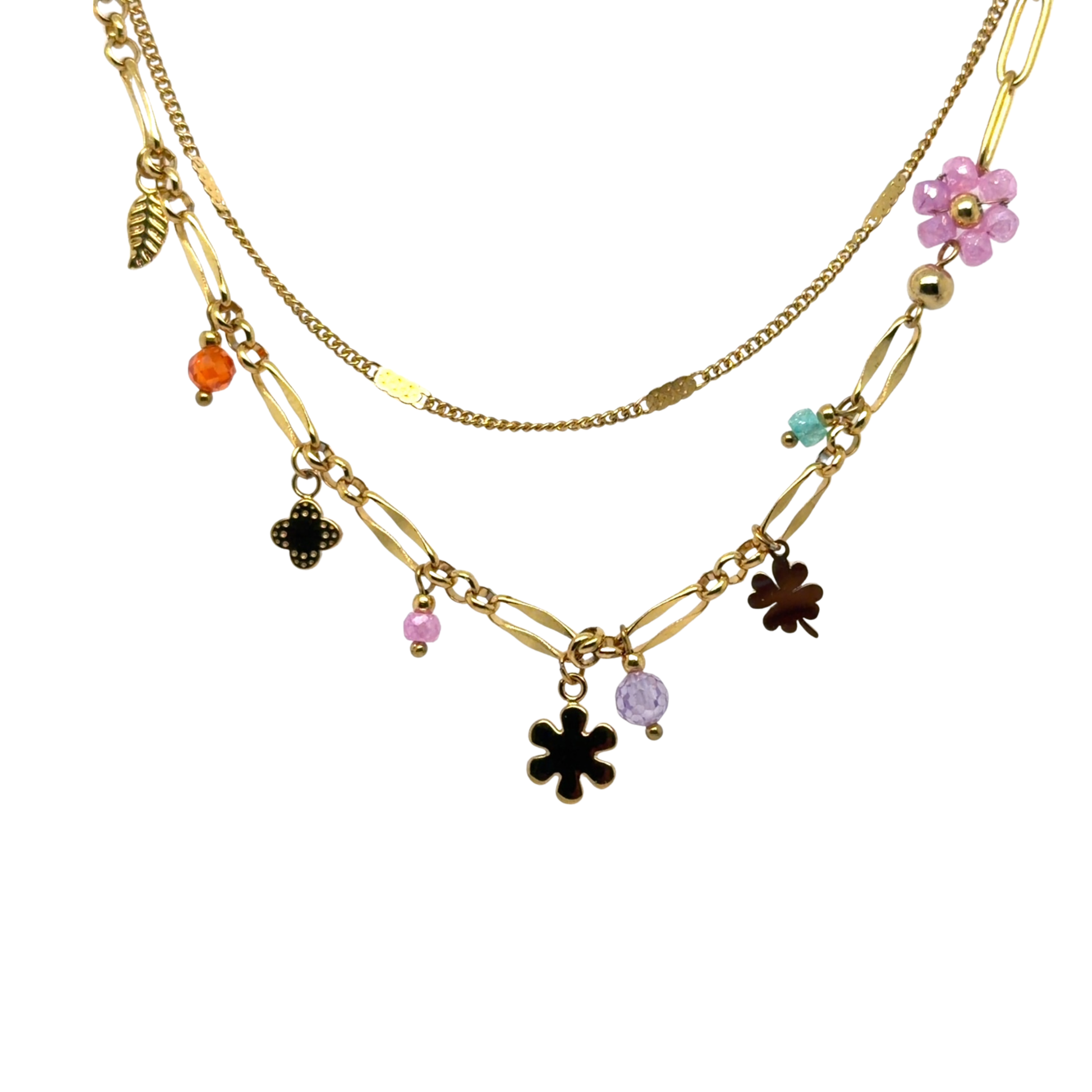 two gold necklace chains with charms