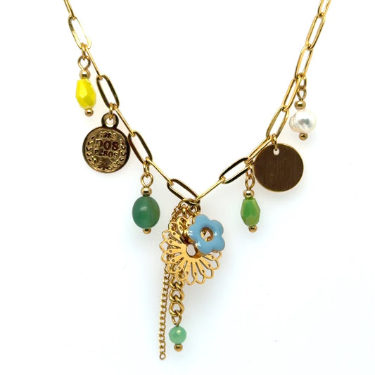 Paperclip necklace with lovely dangling charms including three gold discs and glass beads in green, yellow and blue.
