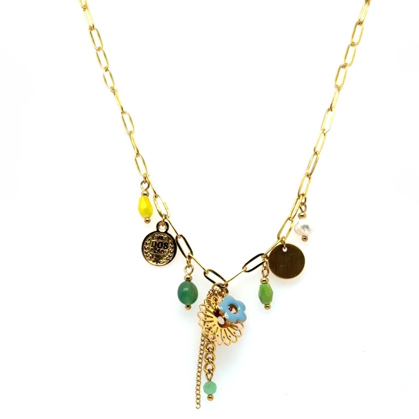 gold paperclip necklace with charms