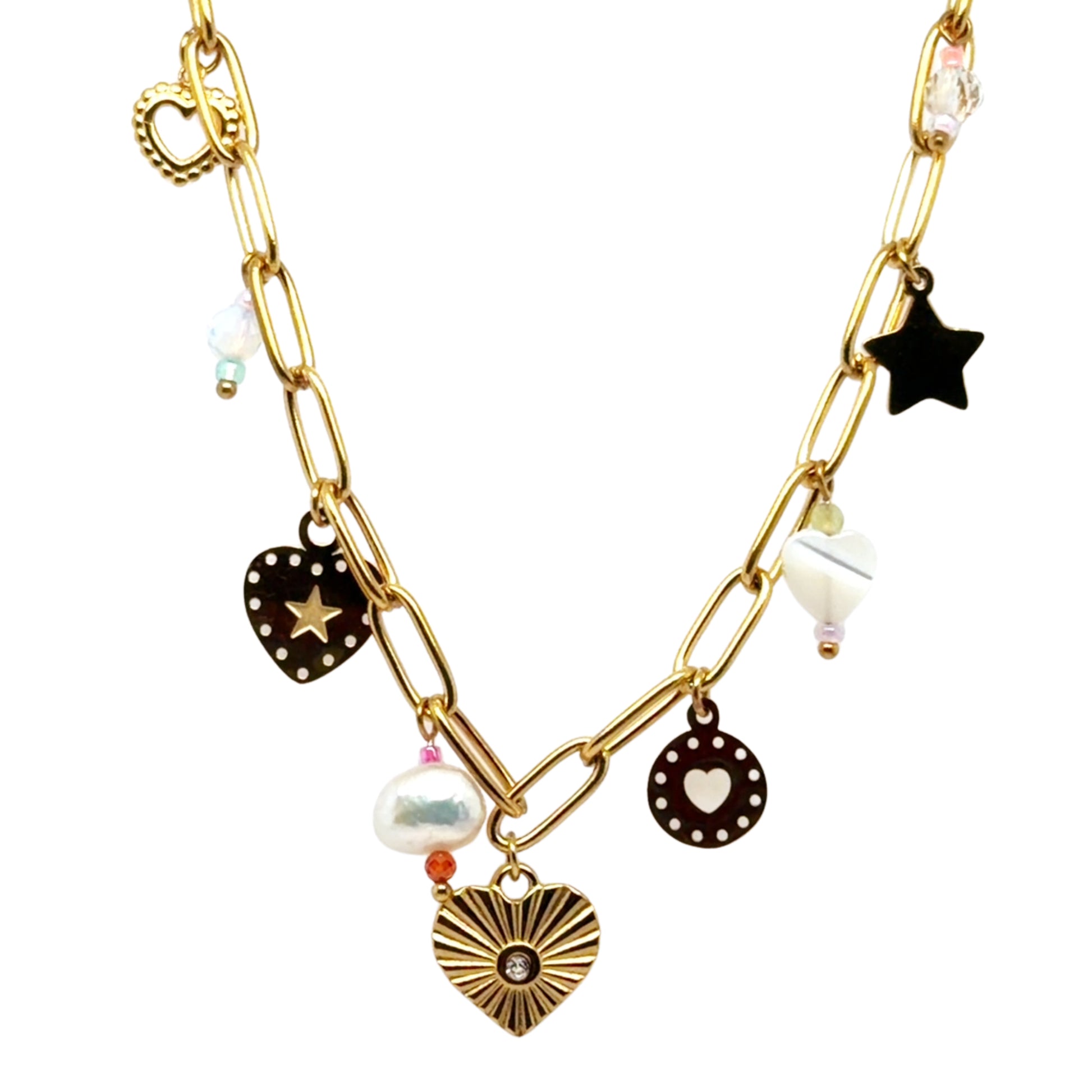 Paperclip necklace with lovely dangling charms including four hearts, a star, and freshwater pearl beads.