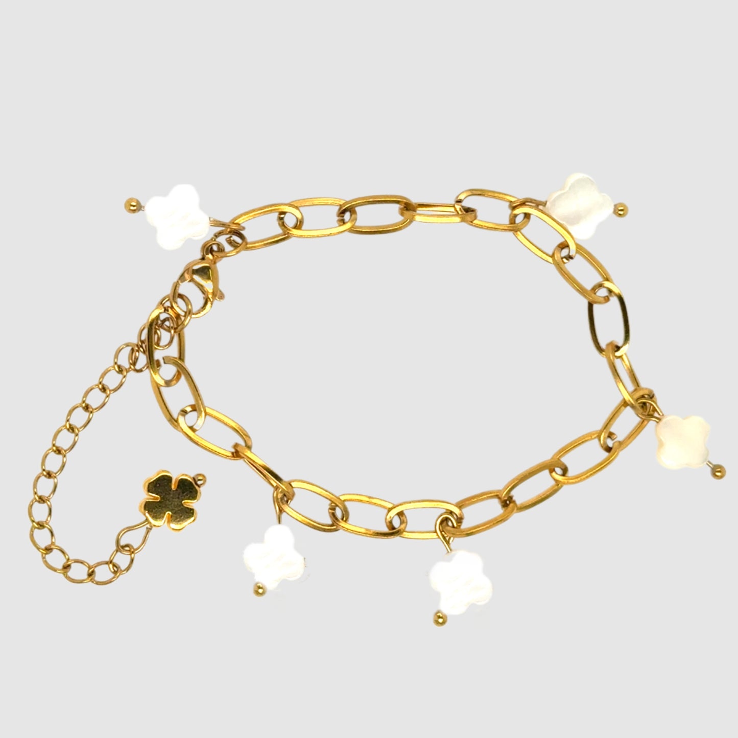 gold paperclip chain bracelet with 5 mother of pearl clover shaped charms