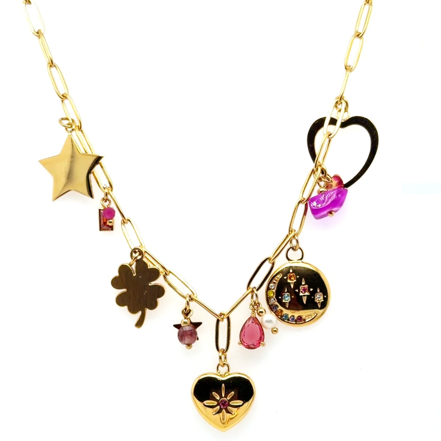 Paperclip necklace with lovely dangling charms including two hearts, a star, a clover and purple beads
