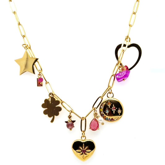 Paperclip necklace with lovely dangling charms including two hearts, a star, a clover and purple beads