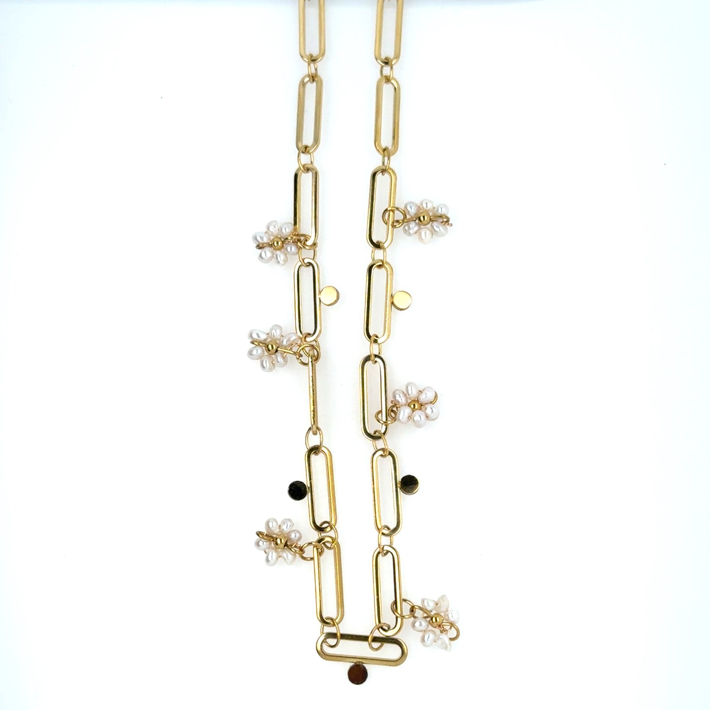 Gold paperclip style necklace with 6 dangling little pearl flowers
