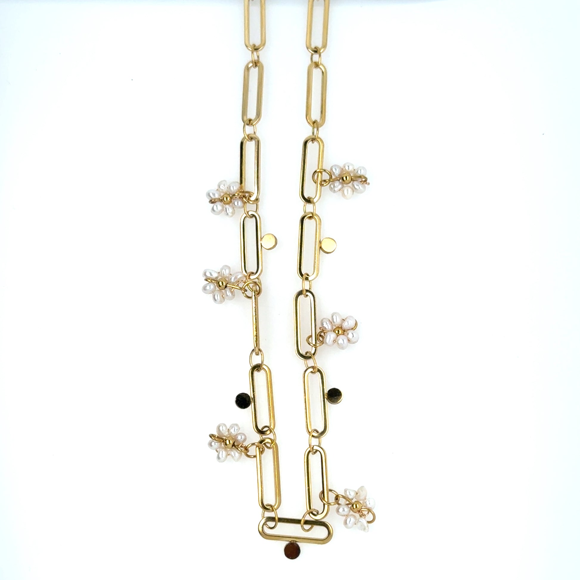 Gold paperclip style necklace with 6 dangling little pearl flowers
