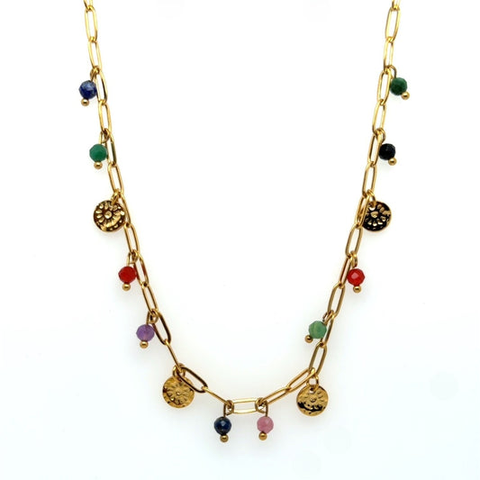 Gold paperclip style necklace with dangling little discs and gemstone beads in a rainbow of colours