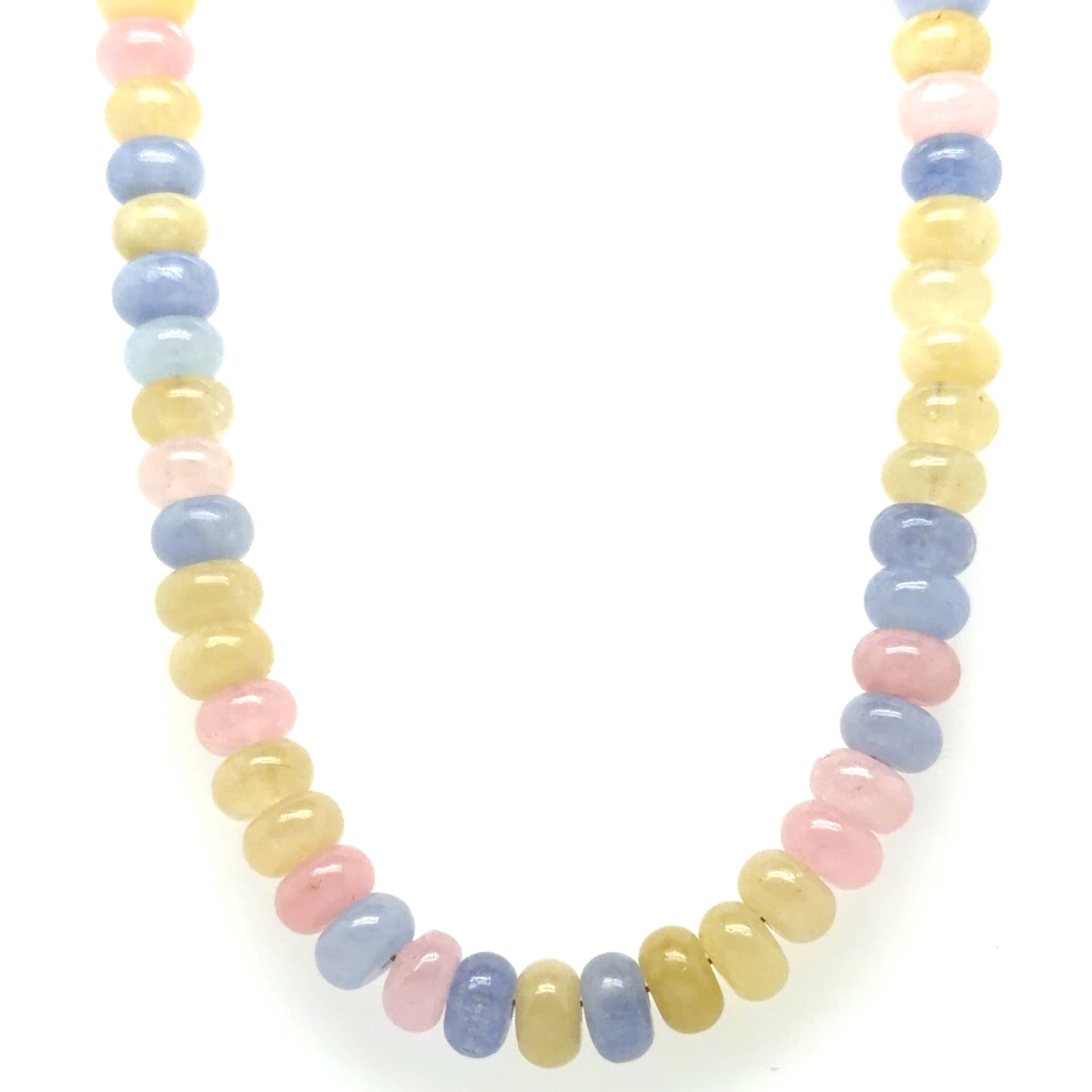 Lovely necklace with smooth pastel quartz gemstone rondelle beads in yellow, pink and blue