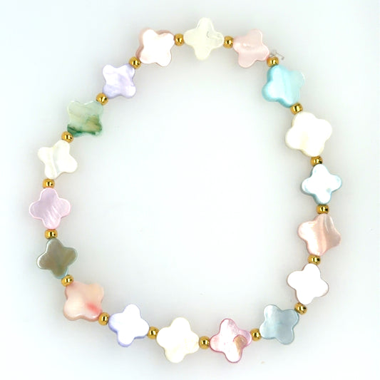 Beaded Pastel Mother of Pearl Clover and Gold Bracelet