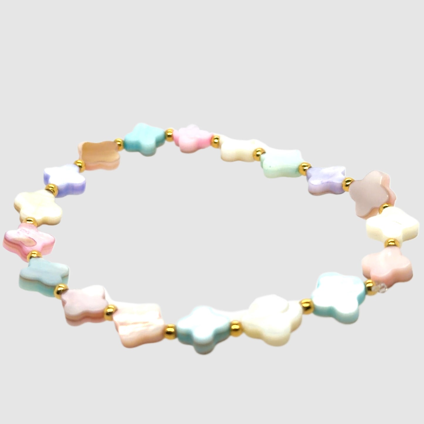 Beaded Pastel Mother of Pearl Clover and Gold Bracelet