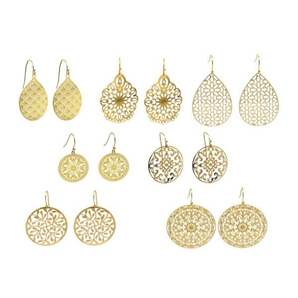 7 styles of patterned dangling charm earrings with gold filled hooks. Light and shimmery on the ear.