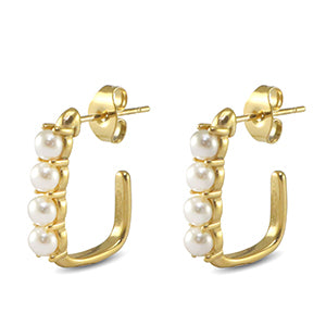 These cute earrings have 4 small freshwater pearls in a curved gold hoop style with a drop of 19mm. 