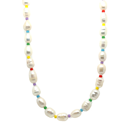 Elegant freshwater pearl necklace with small rainbow coloured bead dividers