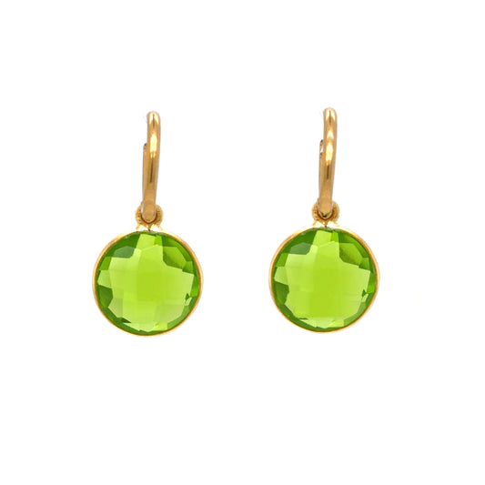 Delicate gold hoop earrings with gorgeous Peridot semi-precious gemstone round charms