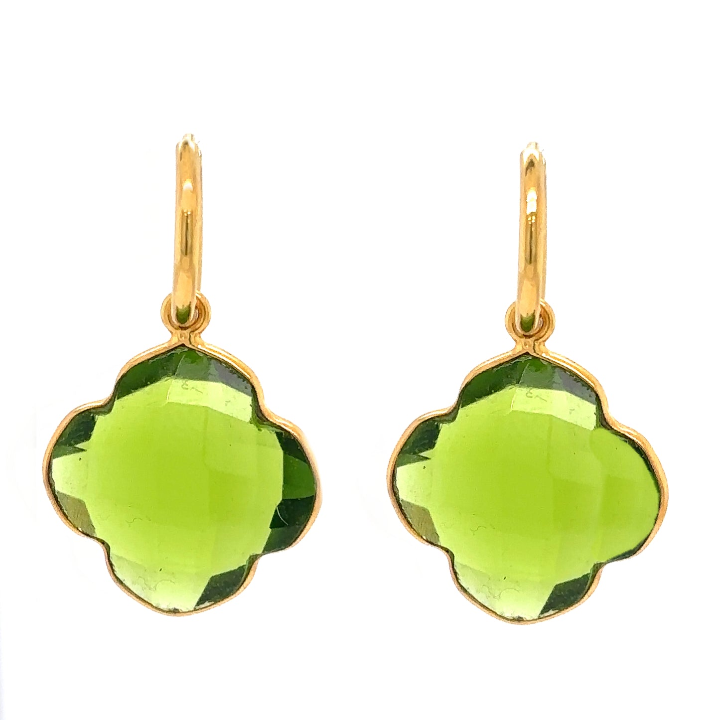 Delicate gold hoop earrings with semi-precious gemstone clover shaped charms in Peridot