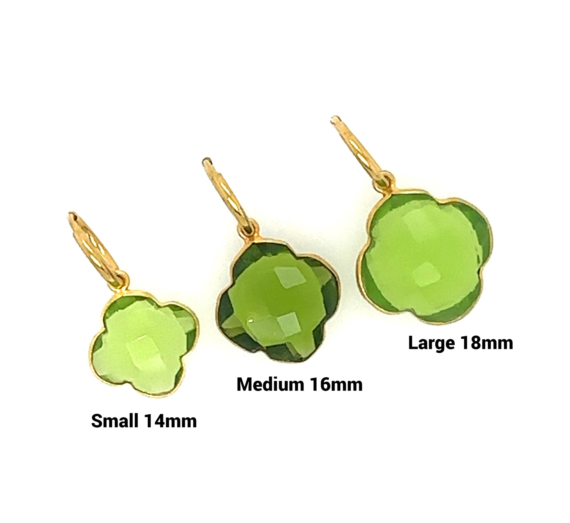 Delicate gold hoop earrings with Peridot semi-precious gemstone clover shaped charms in 3 sizes