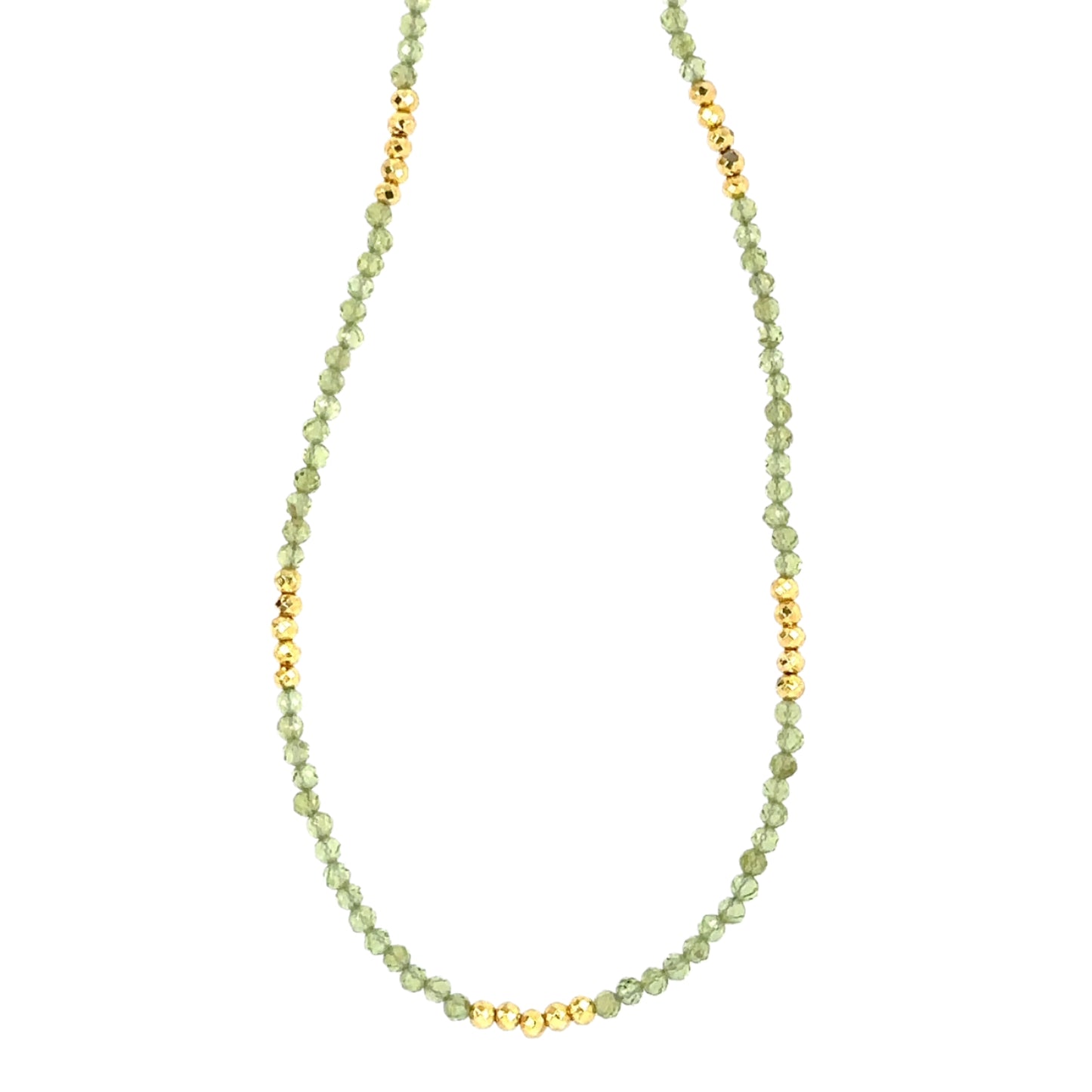 Necklace with bright green Peridot and golden pyrite beads all around.