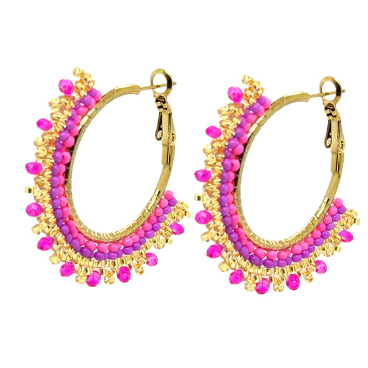These lovely big beaded hoop earrings are pink, purple, and gold