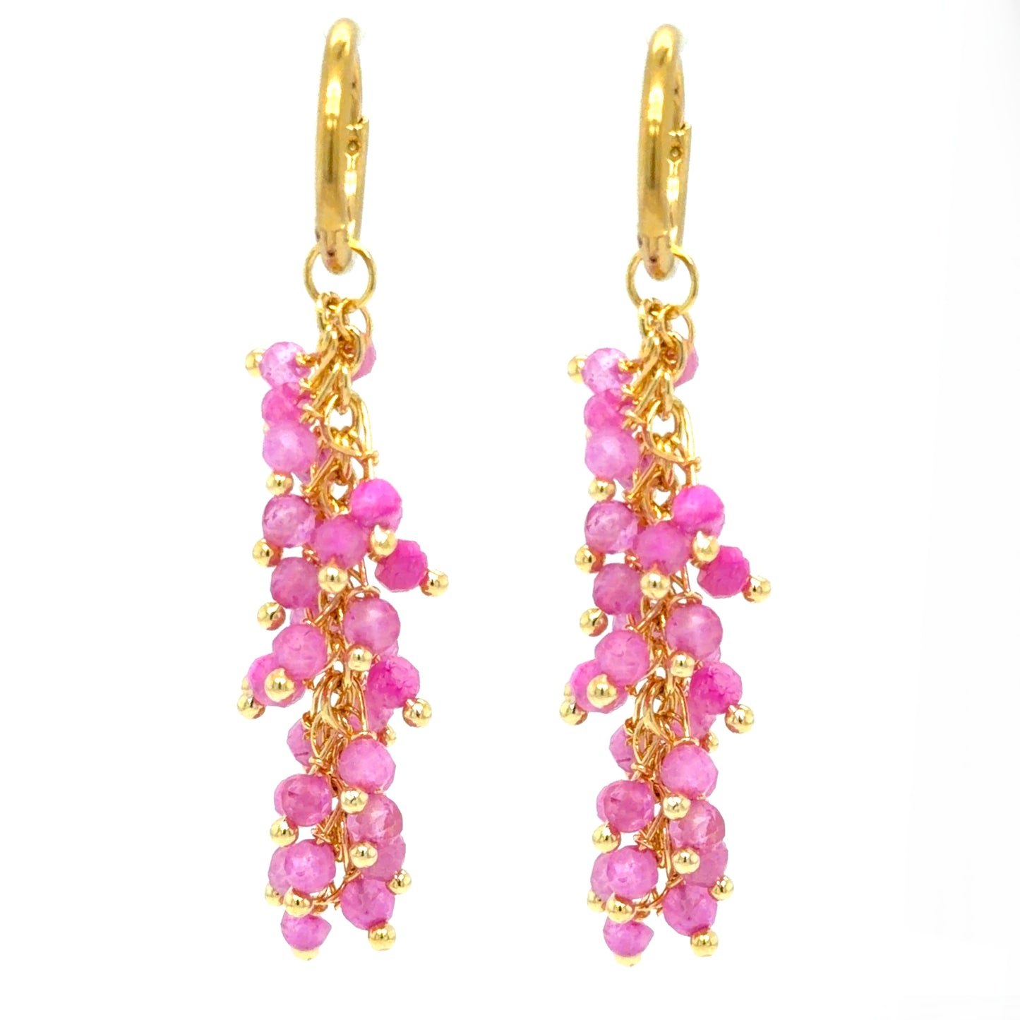 Delicate gold hoops with Pink Quartz gemstones arranged in clusters