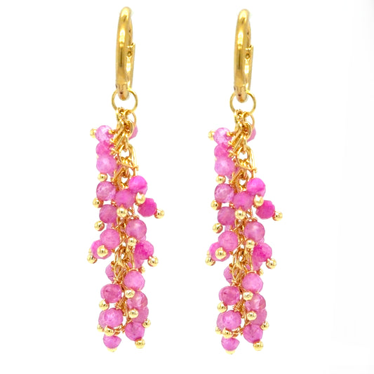 Delicate gold hoops with Pink Quartz gemstones arranged in clusters