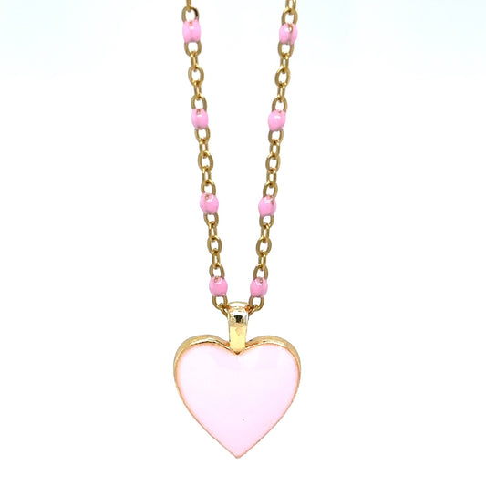 pink enamel rosary gold chain necklace with one pastel pink enamel heart charm
