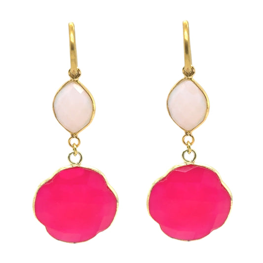 Big dangling hoop earrings with Rose Quartz and Fushia Pink Quartz gemstone charms