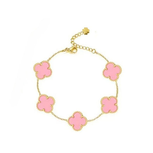 bracelet with five clover charms in pink colour