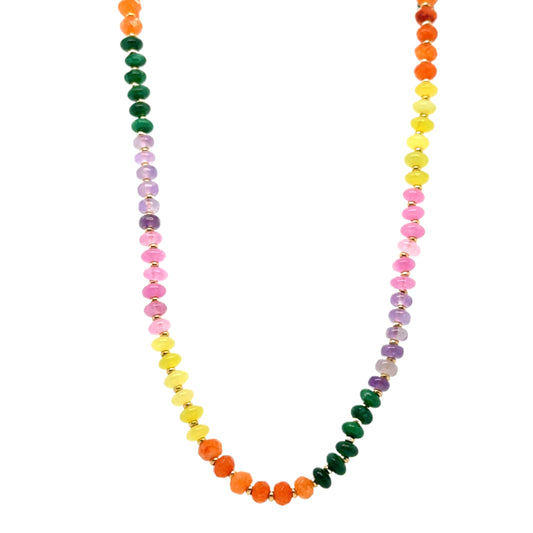 Lovely necklace with yellow, orange, pink, purple, green, and gold beads