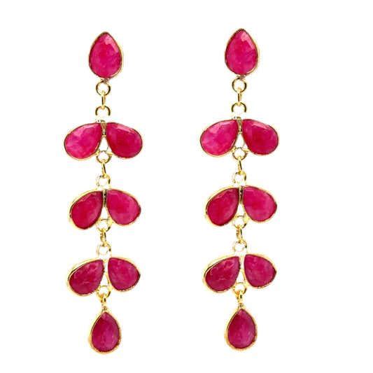 Lovely gold earrings with 8 small teardrop shaped pink quartz gemstone charms