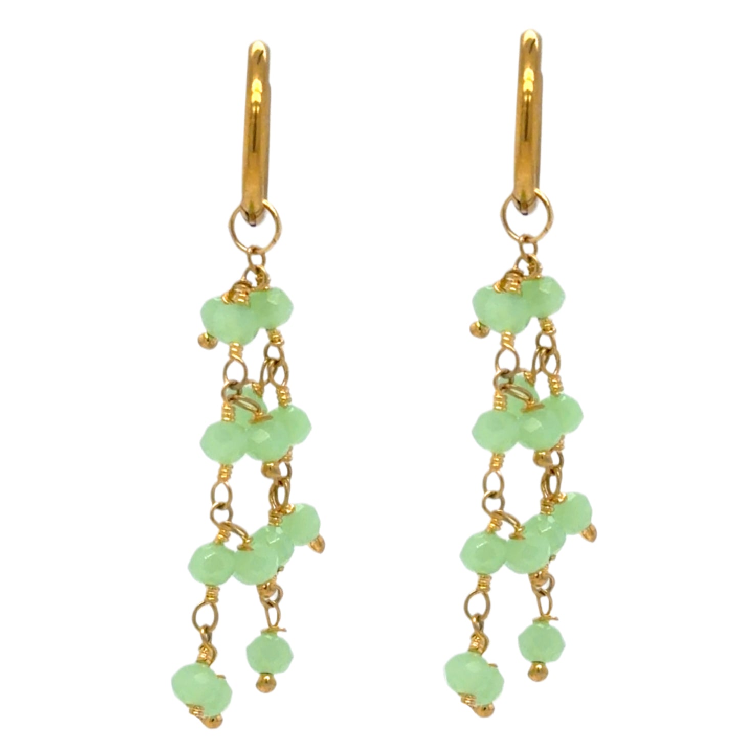 Delicate gold hoop earrings with bright green Prehnite gemstone beads arranged in clusters