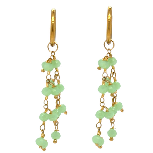Delicate gold hoop earrings with bright green Prehnite gemstone beads arranged in clusters