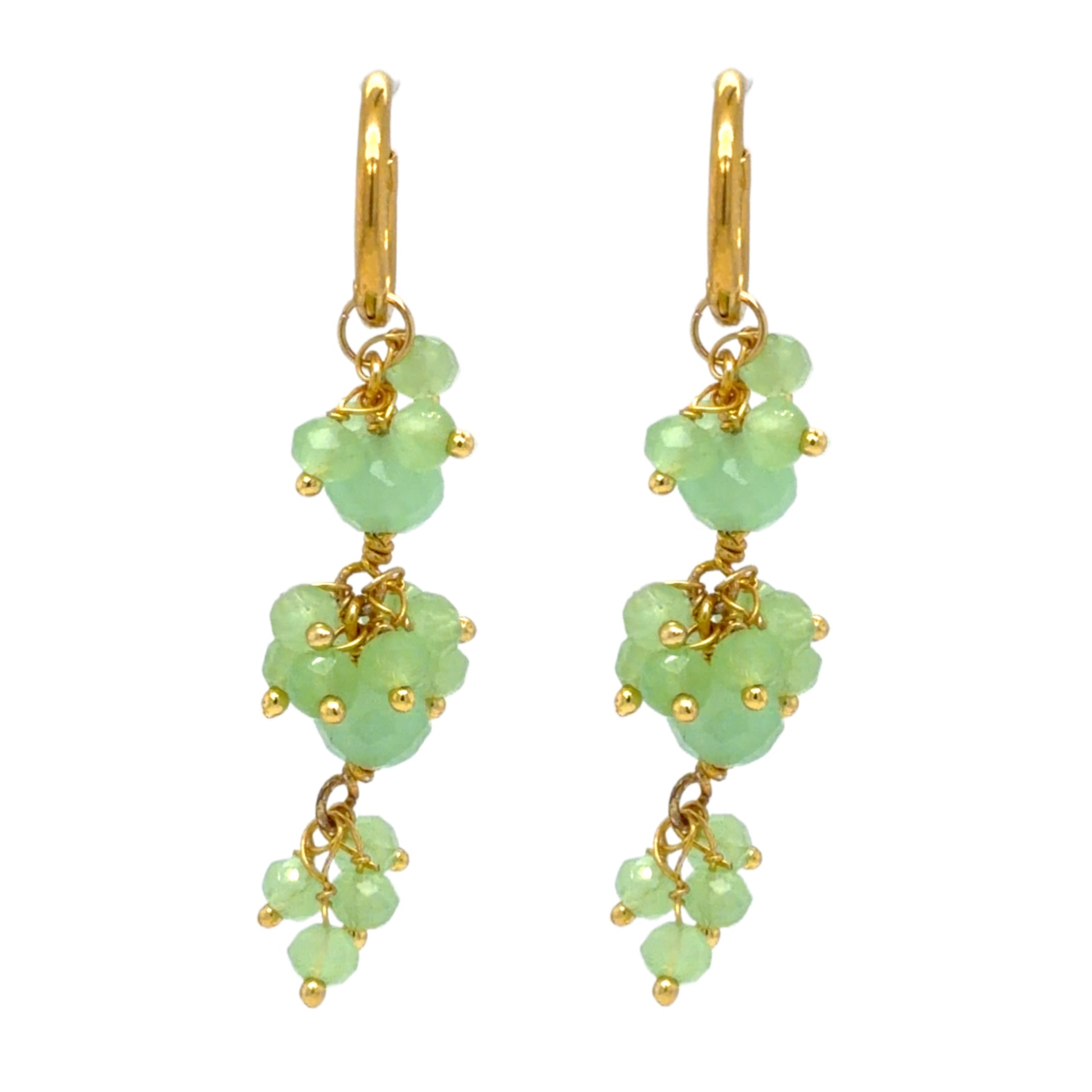 Delicate gold hoop earrings with bright green Prehnite big and small gemstone arranged in clusters