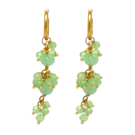 Delicate gold hoop earrings with bright green Prehnite big and small gemstone arranged in clusters
