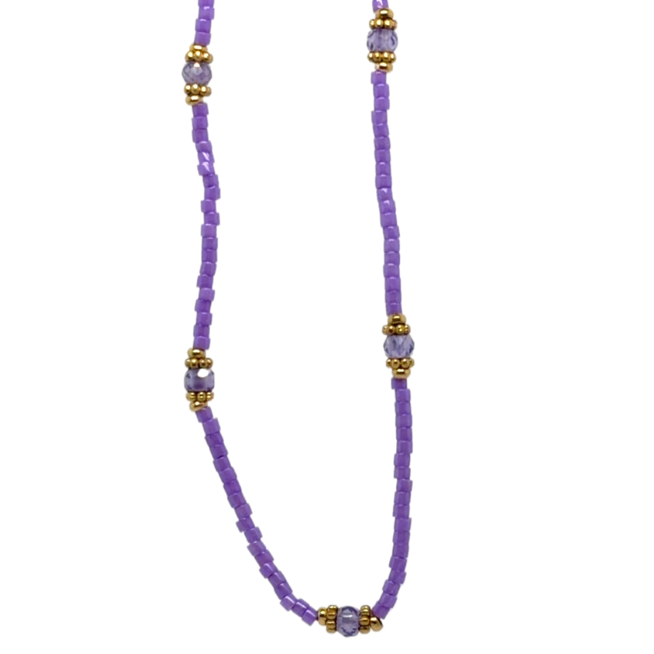 Delicate necklace with tiny purple and gold beads.