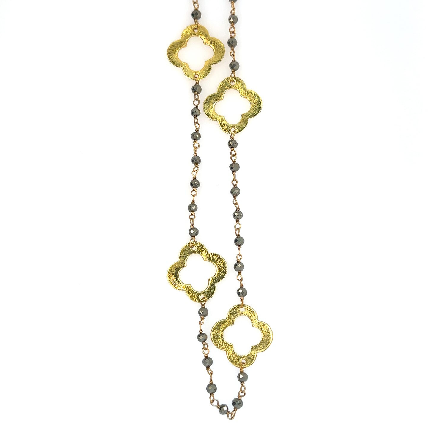 Sparkly deep grey Pyrite gemstone rosary chain with flat 4 gold clover charms 