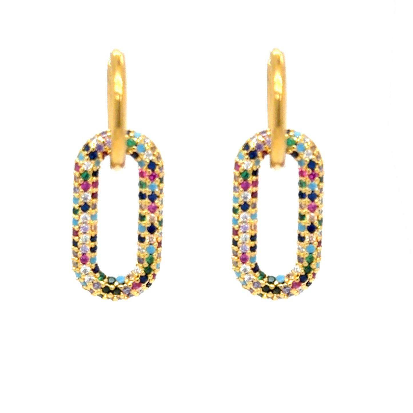 Delicate gold hoop earrings with rainbow crystal oval-shaped charms