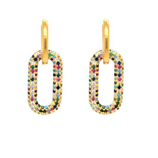 Delicate gold hoop earrings with rainbow crystal oval-shaped charms