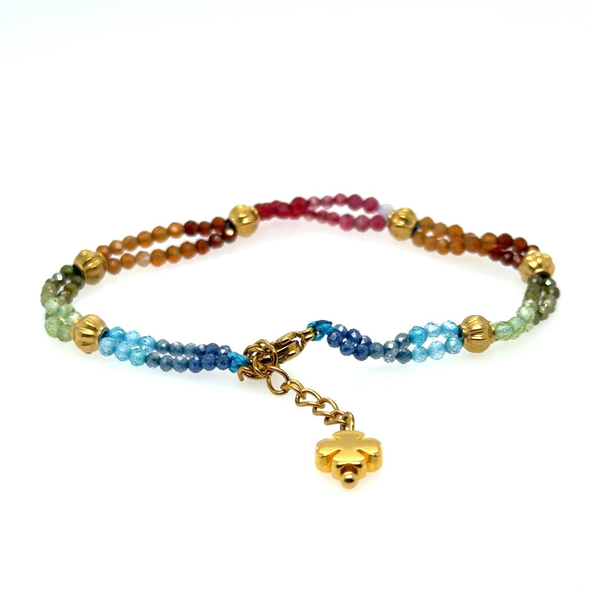Super cute bracelet with a rainbow of tiny gemstone and gold beads all around
