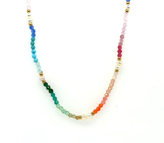 Colourful necklace with rainbow beads and small freshwater pearls