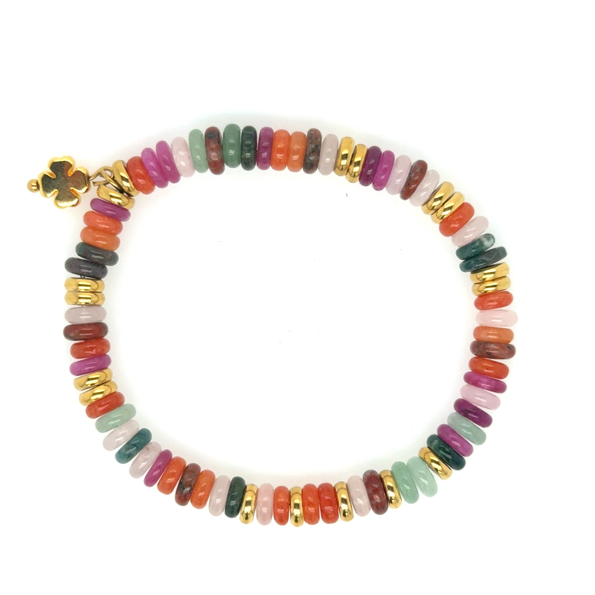 ovely stretchy bracelet with rainbow/gold rondelle flat/smooth beads and a small gold clover charm for good luck!